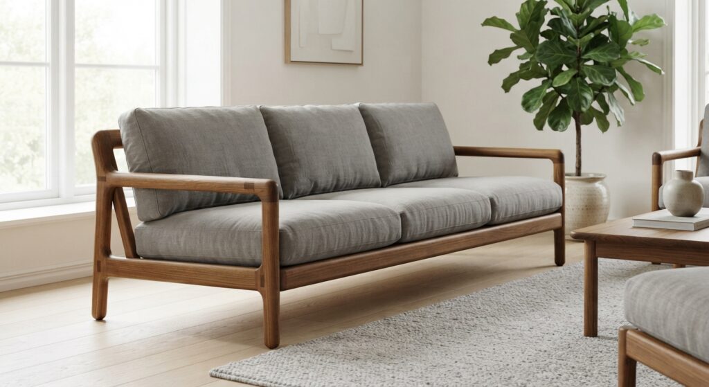 Grey three-seater wooden sofa with a solid wood frame in a bright living room