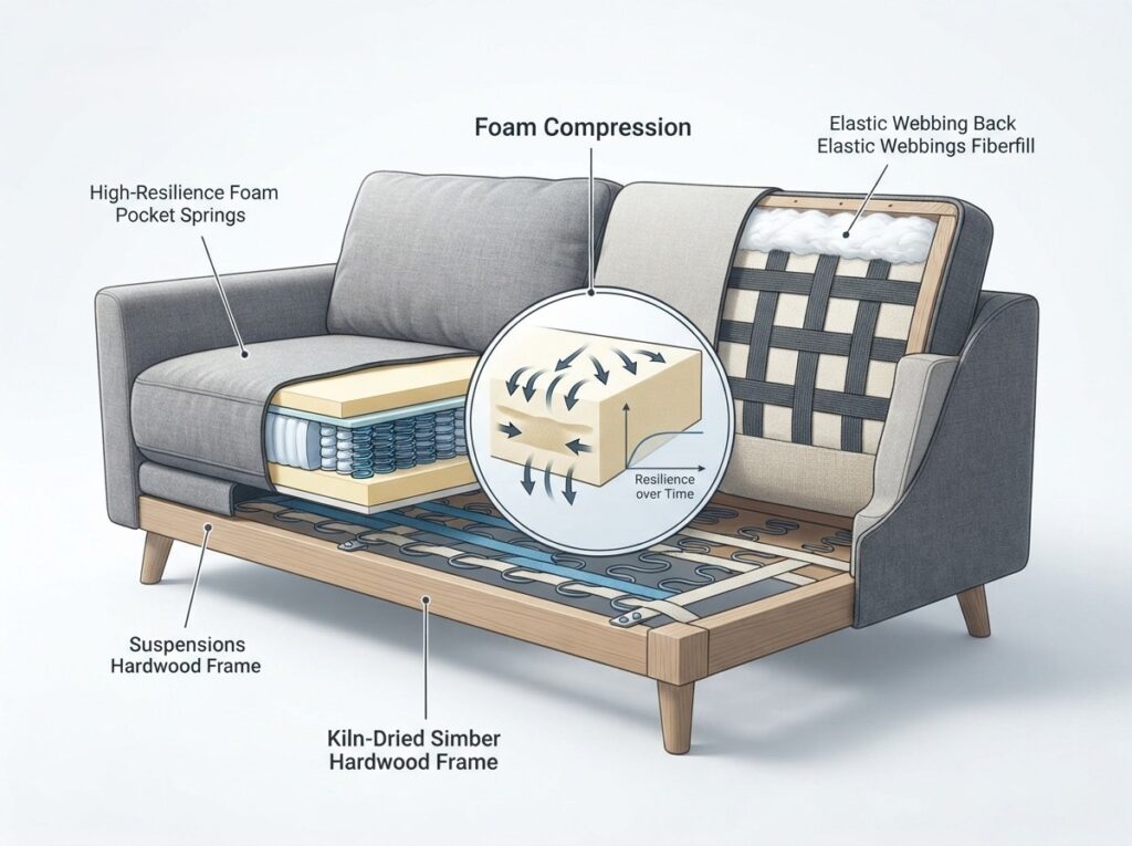 Cutaway sofa diagram showing high-resilience foam, pocket springs, elastic webbing and a kiln-dried hardwood frame