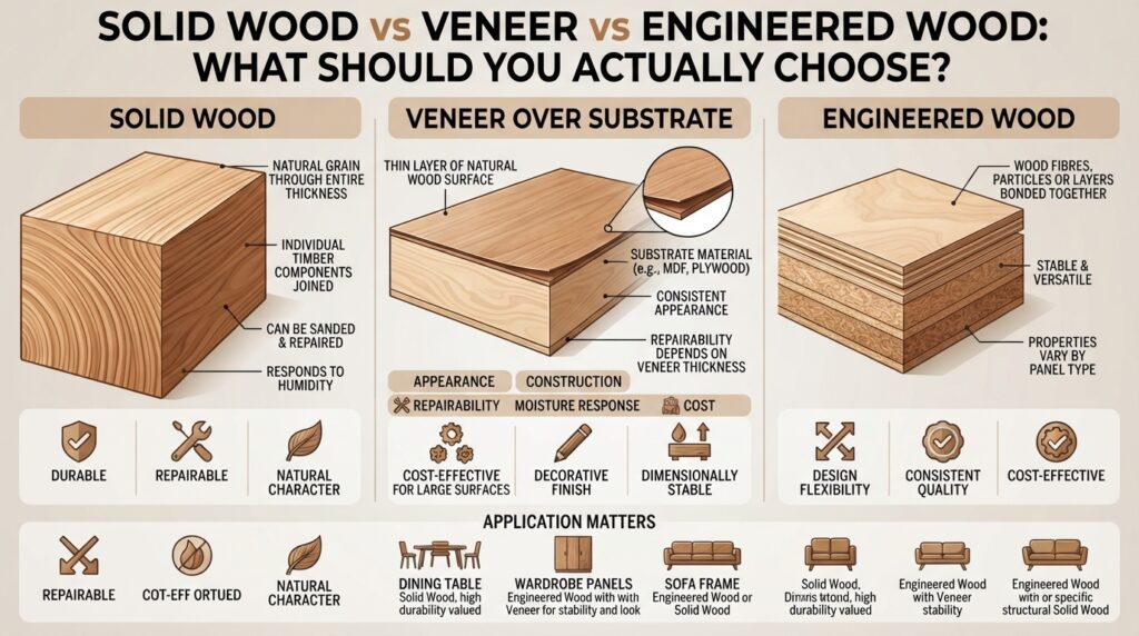 Infographic comparing solid wood, veneer and engineered wood for furniture