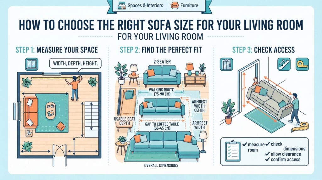 Infographic: how to choose the right sofa size by measuring your space, finding the right fit and checking access