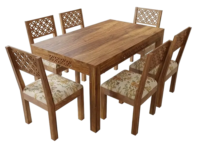 6 seater wooden dining table with lattice-back chairs and floral seat cushions
