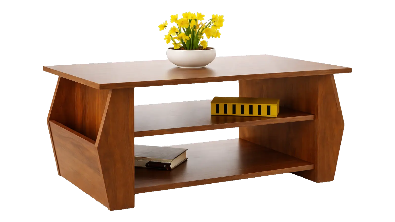 Angular wooden coffee table with open magazine shelves
