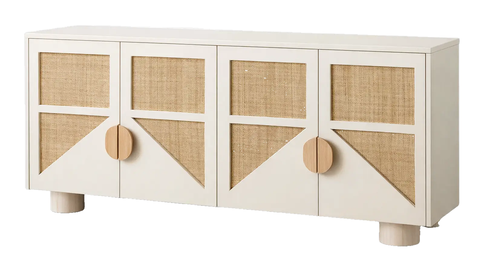 Cream sideboard with jute-panelled doors and round wooden handles