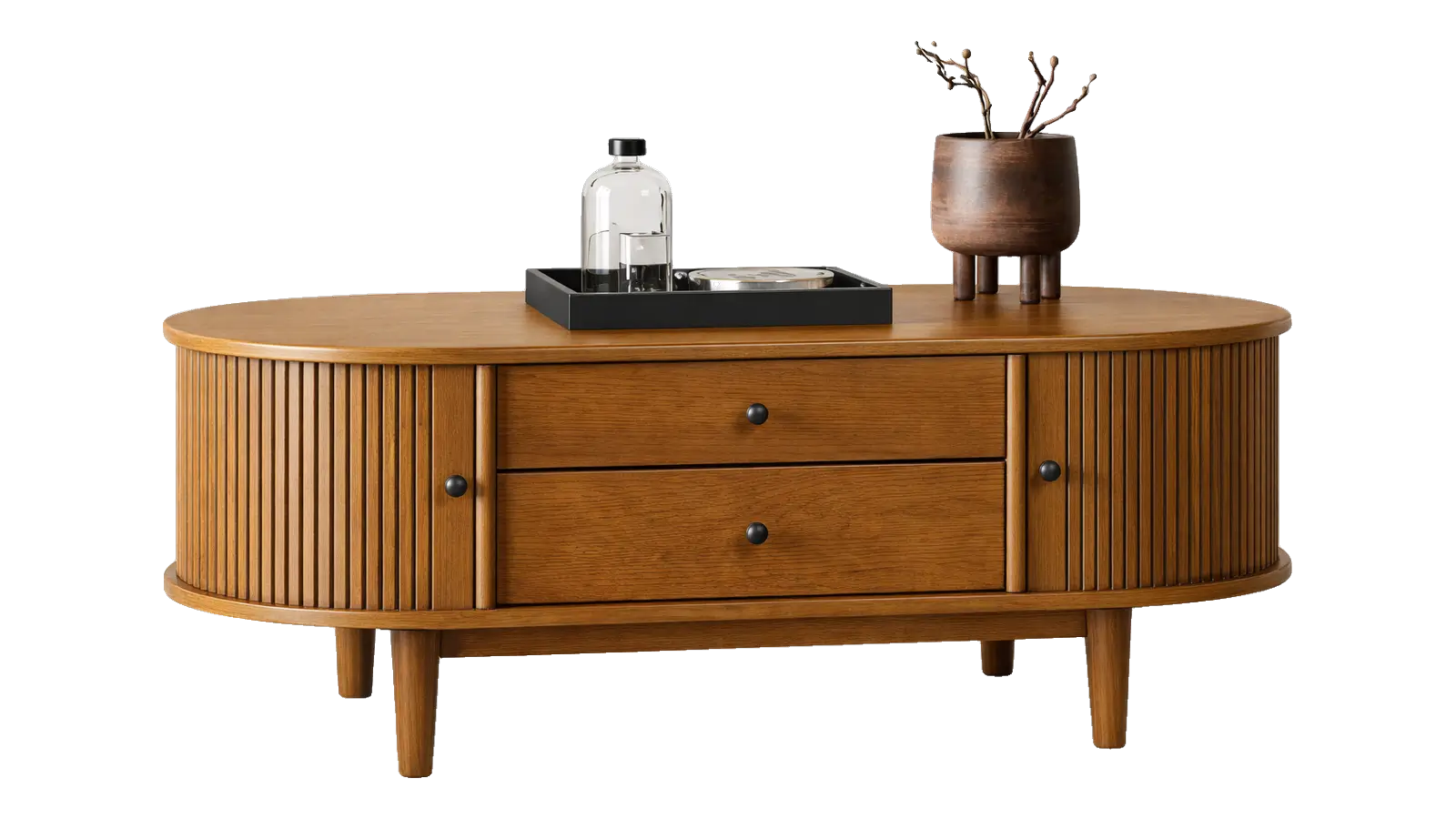 Oval fluted wooden coffee table with storage drawers