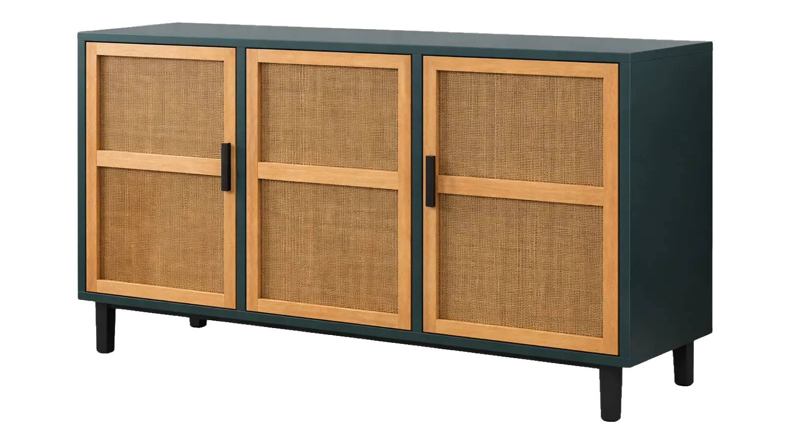 Dark green sideboard with rattan cabinet doors