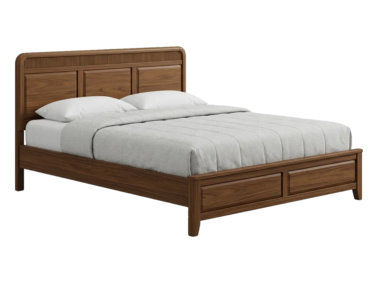 King size wooden cot with a panelled headboard and grey bedding