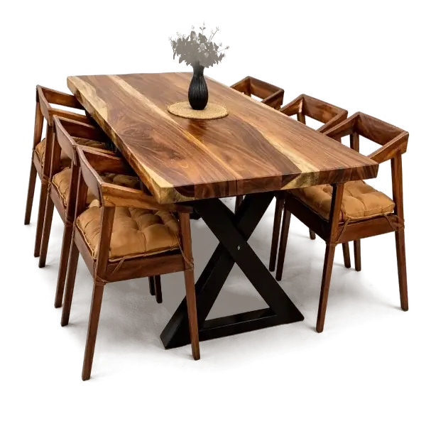 Live-edge 6 seater wooden dining table on a black X base with cushioned wooden armchairs