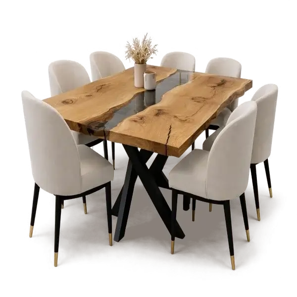 Live-edge wooden dining table with a clear resin river and cream upholstered chairs