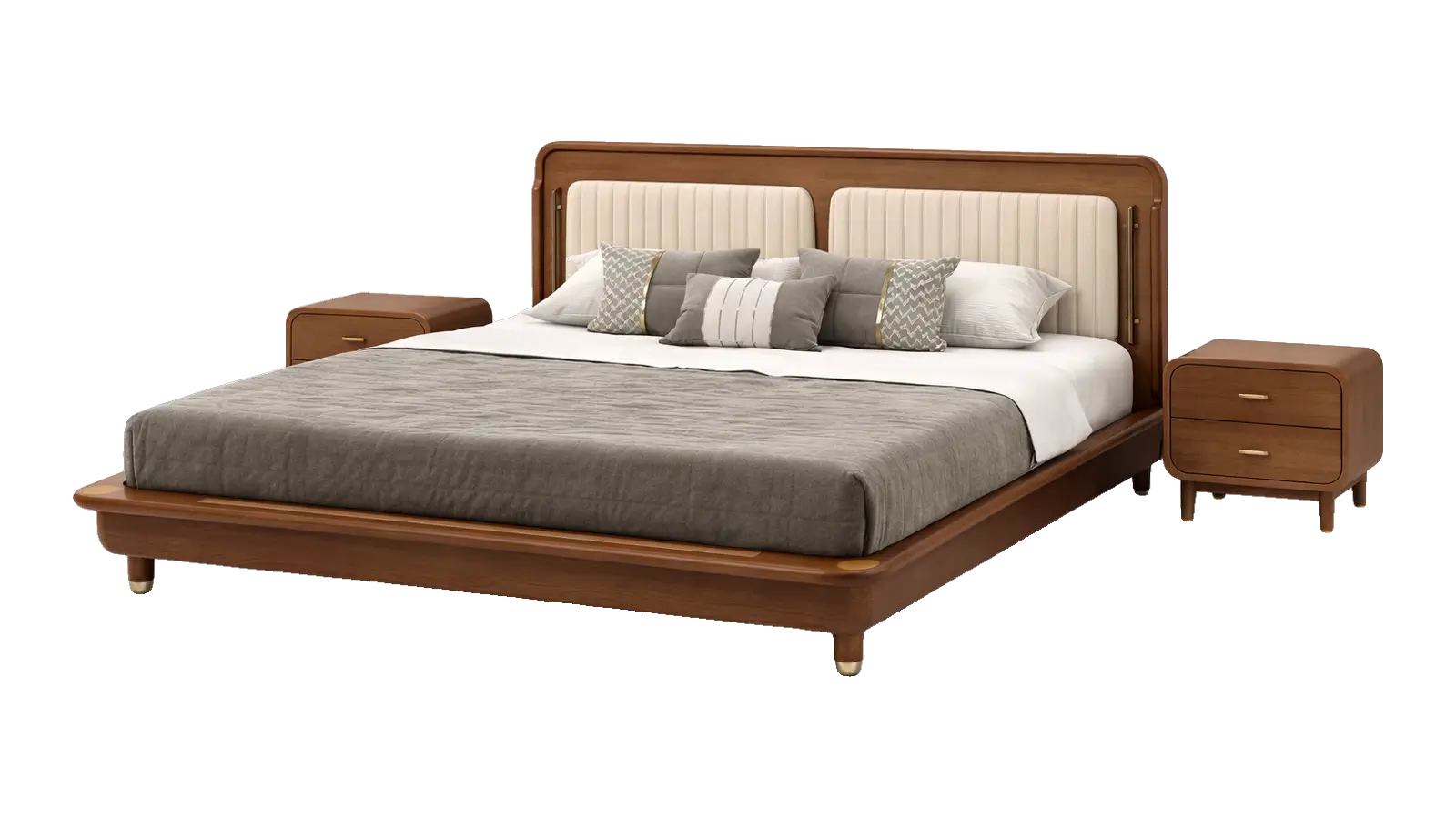 Low king size wooden bed with a cushioned headboard and matching nightstands