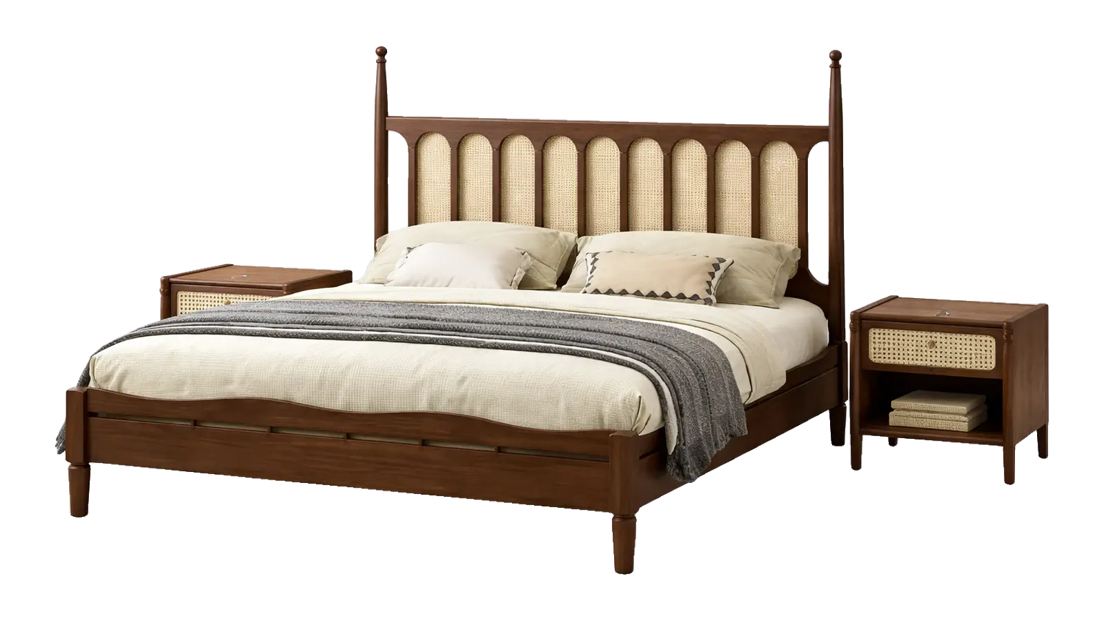 Mid-century wooden bed with a spindle rattan headboard and nightstands