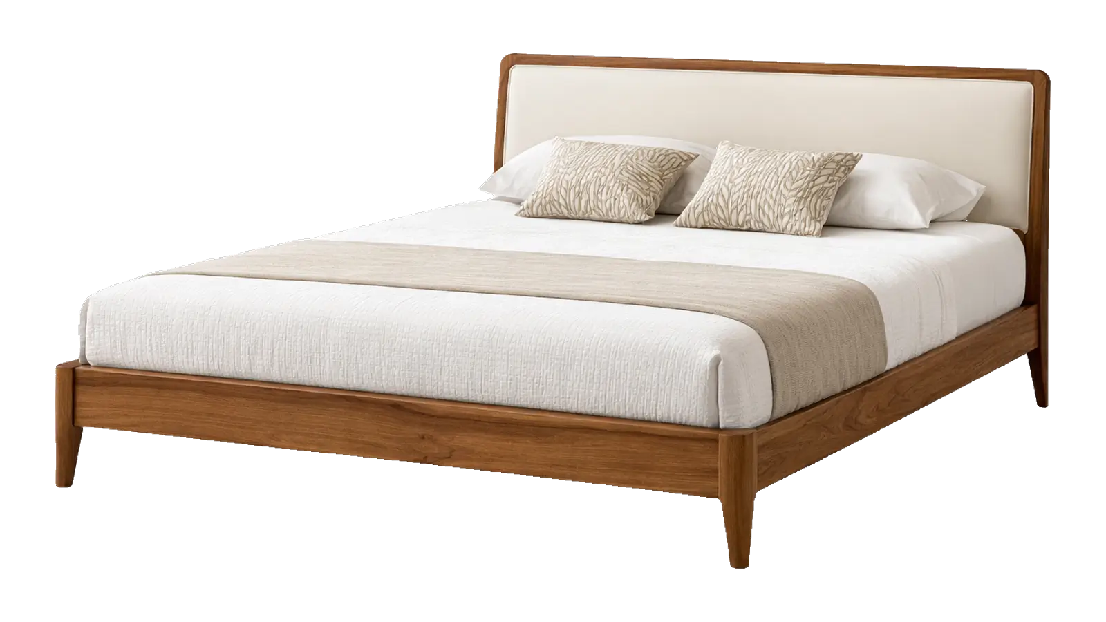 Minimalist mid-century wooden bed with a cream upholstered headboard
