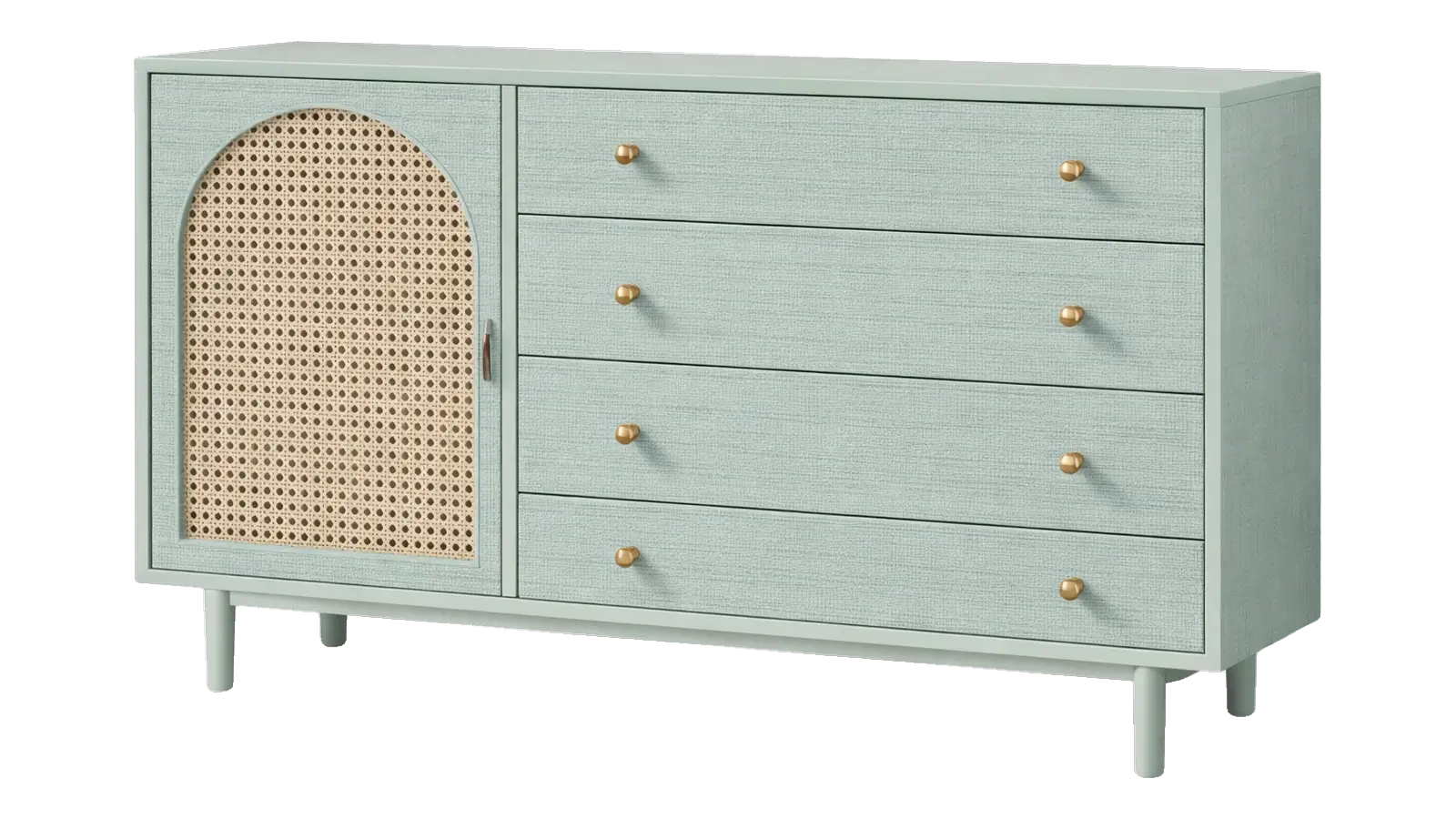 Mint green dresser with a cane-arched door and four drawers