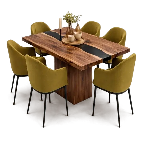 Modern walnut wooden dining table with a black resin river and olive green dining chairs