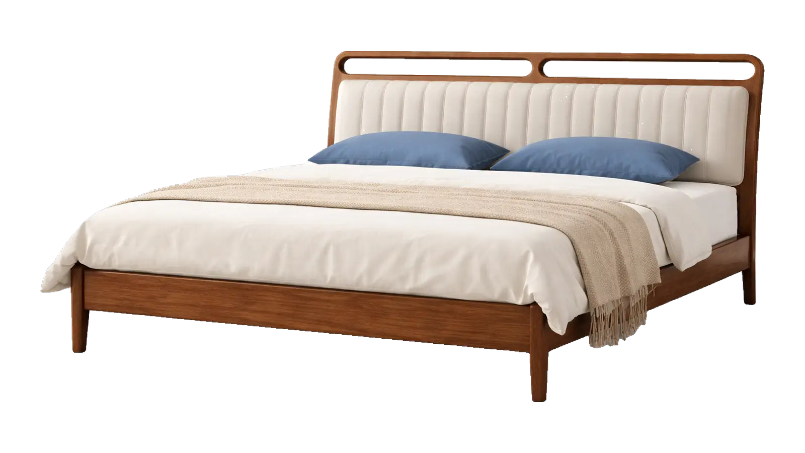 Modern wooden cot with an open-slot headboard and a cream upholstered panel