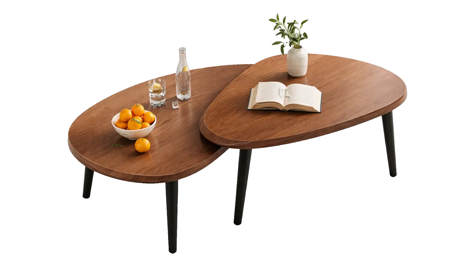 Pair of oval nesting wooden coffee tables on black legs