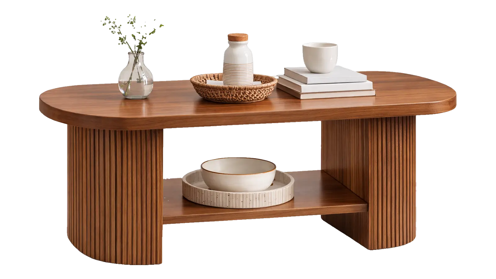 Oval walnut coffee table with fluted legs and a lower shelf