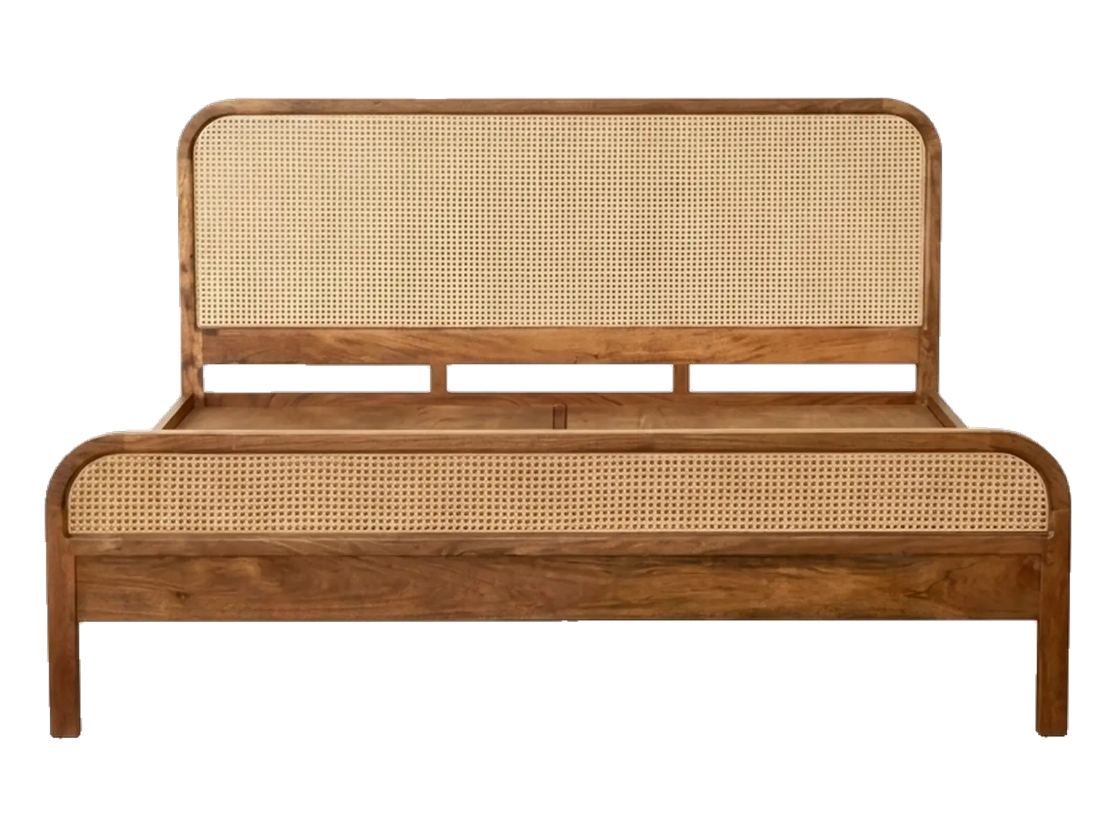 Queen size wooden cot with a cane headboard and footboard