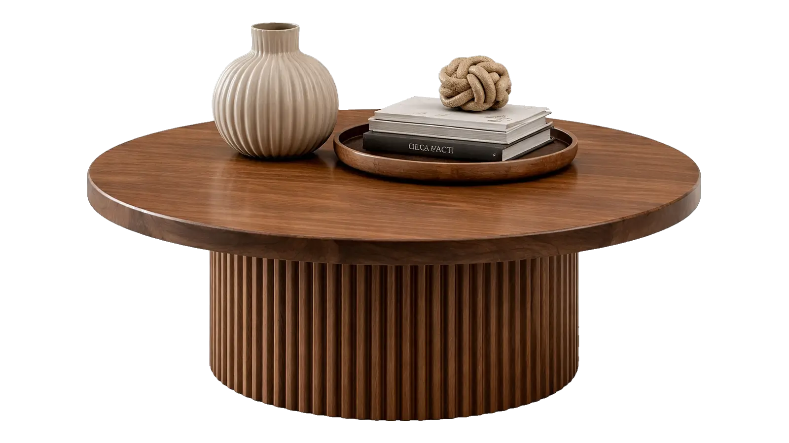 Round walnut coffee table with a fluted drum base