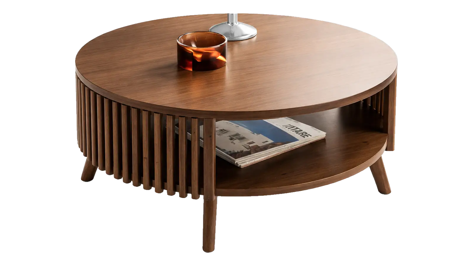Round walnut coffee table with slatted sides and a lower shelf