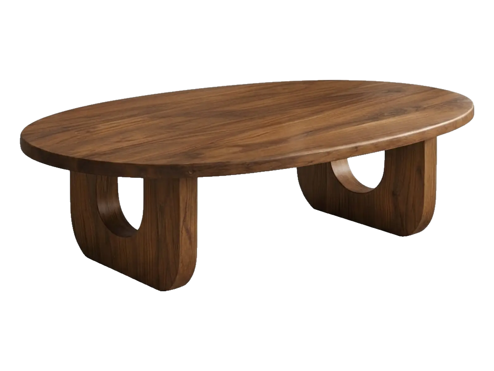 Oval wooden coffee table on chunky arched wooden legs