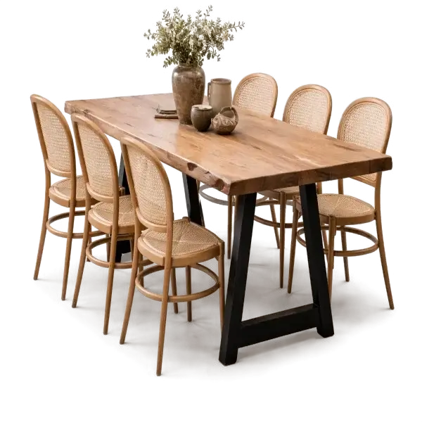 Rustic solid wood dining table on black metal legs with rattan-back wooden chairs