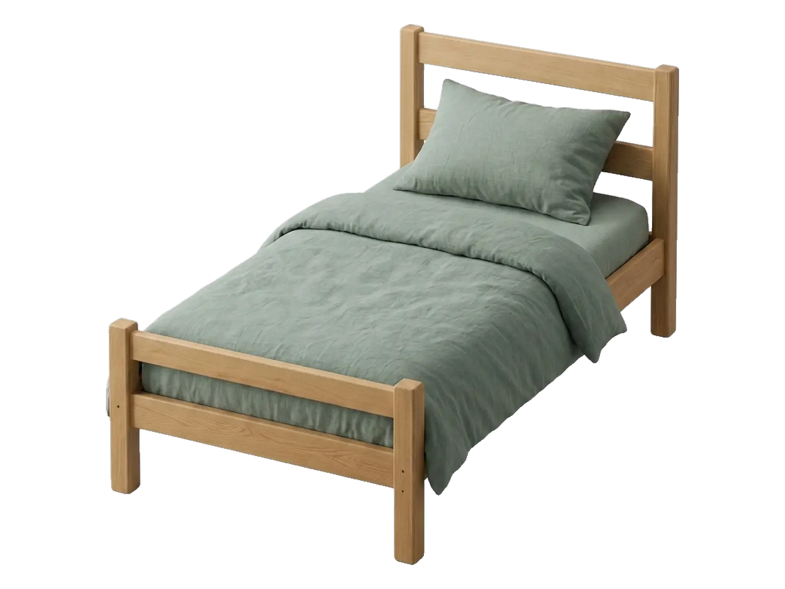 Single wooden cot with a slatted headboard and sage green bedding