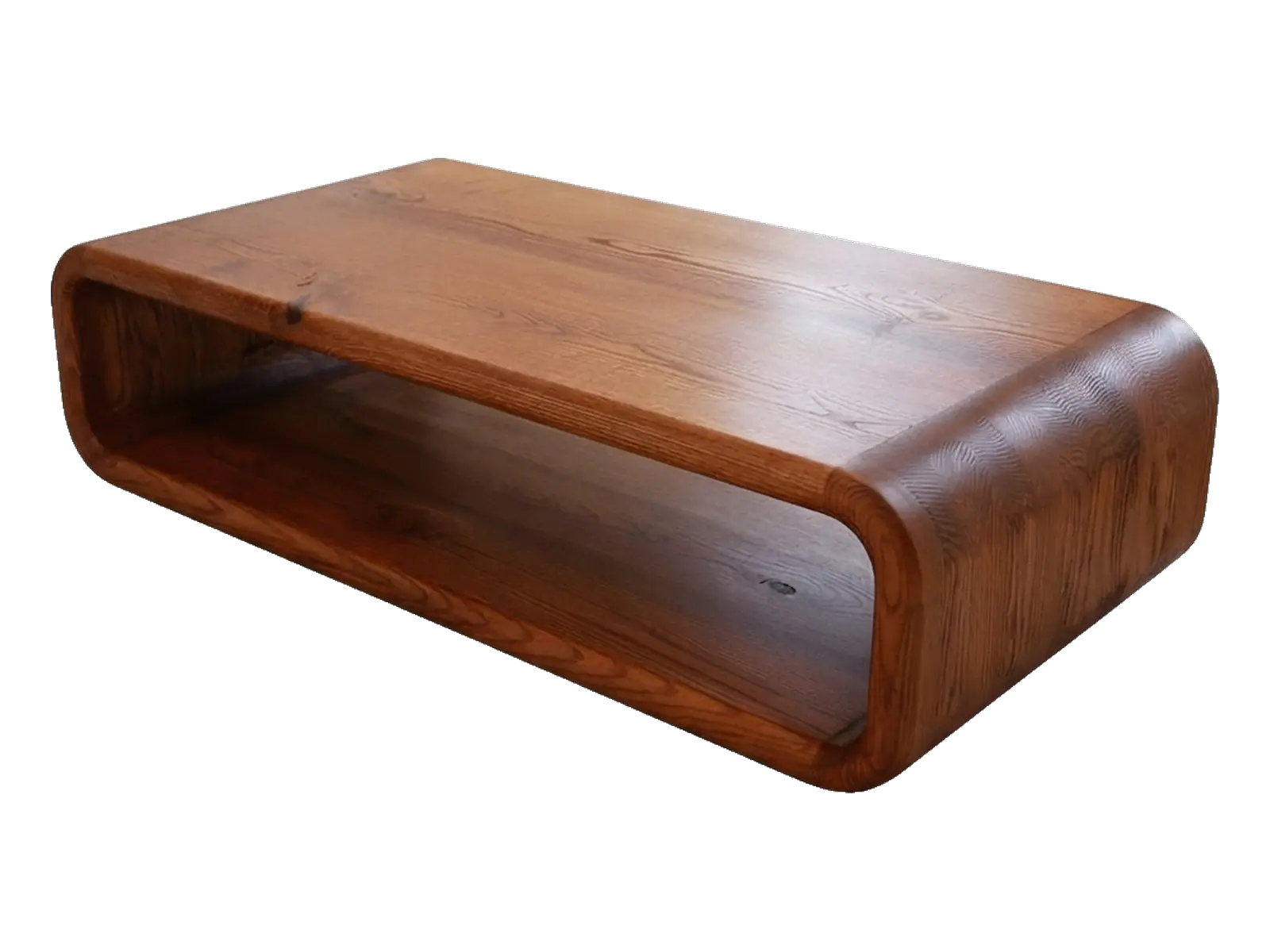 Sleek wooden coffee table with rounded edges and an open shelf