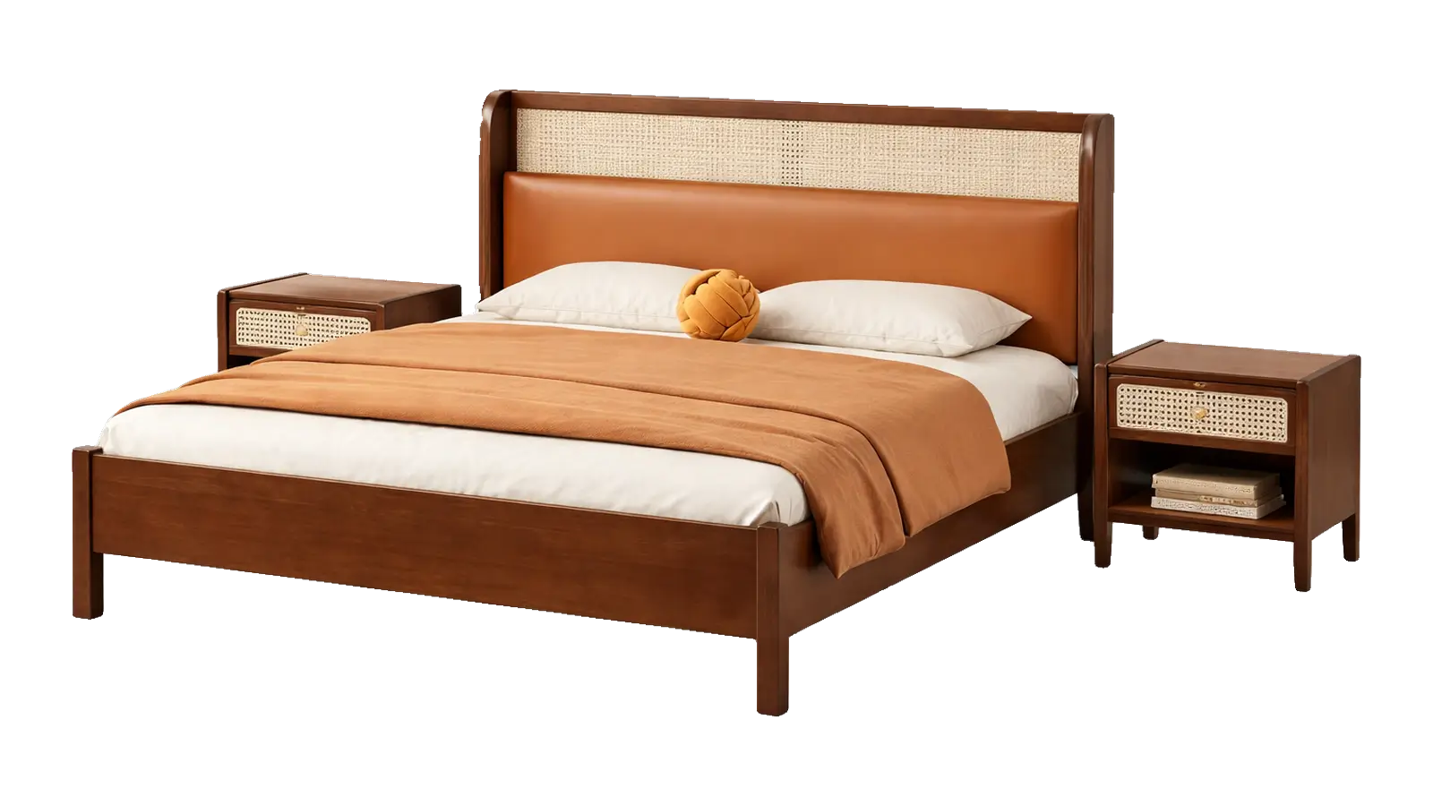 Walnut wooden bed with a cane and tan leather headboard and matching cane nightstands