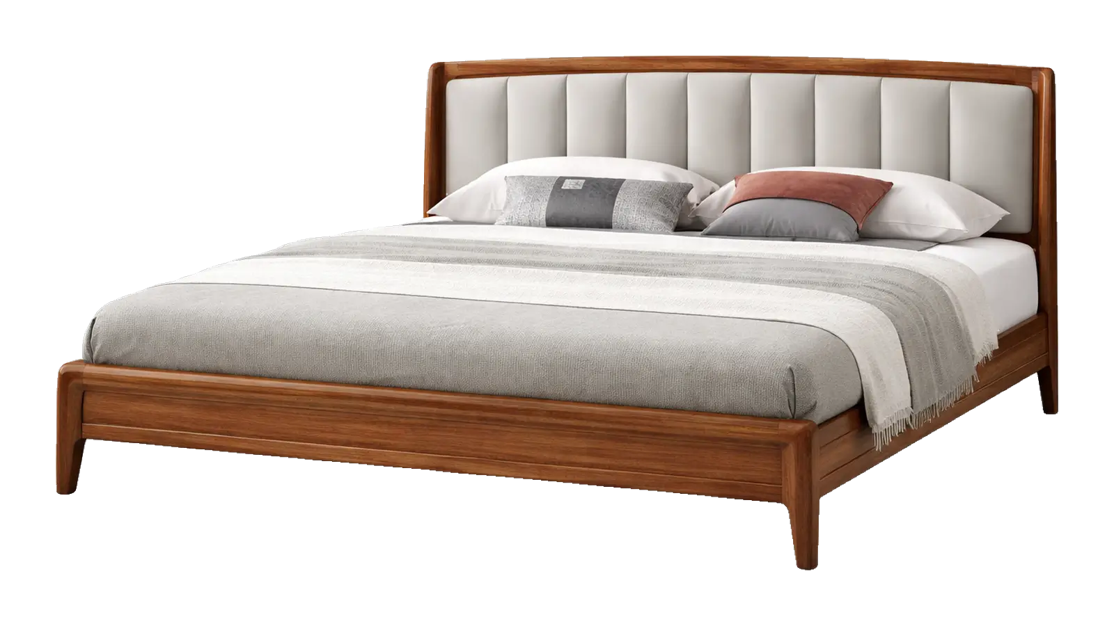 Walnut wooden bed with a grey channel-tufted upholstered headboard