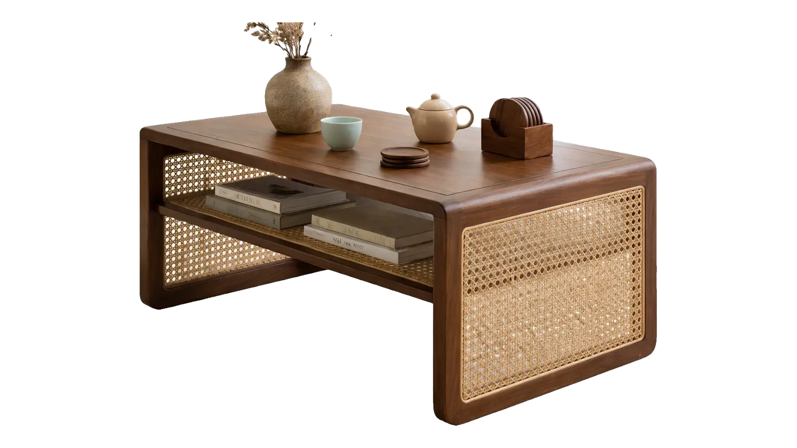 Walnut coffee table with cane side panels and an open shelf