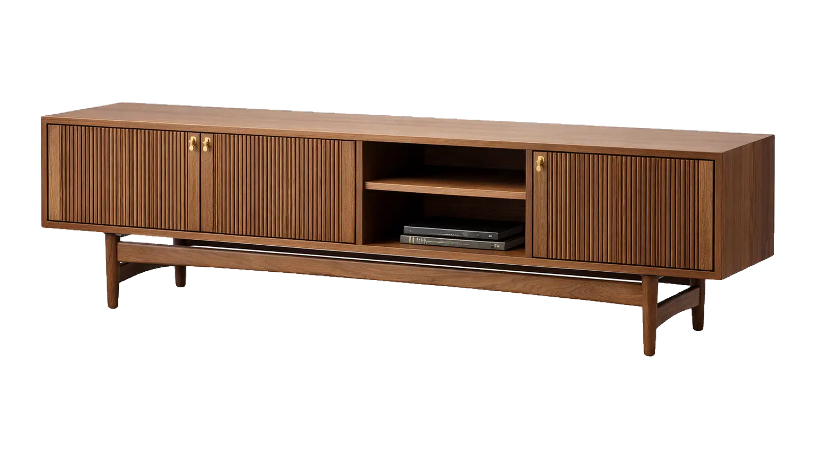 Low walnut media console with fluted doors and an open shelf