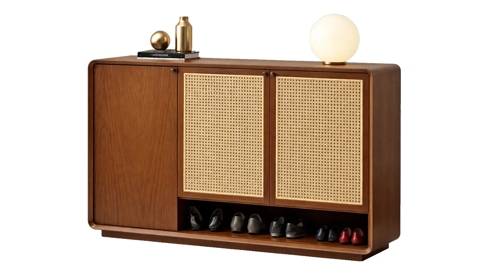 Walnut shoe cabinet with rattan doors and an open shoe shelf