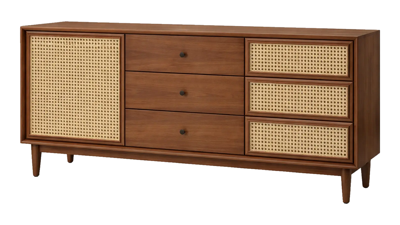Walnut sideboard with cane panels and three drawers