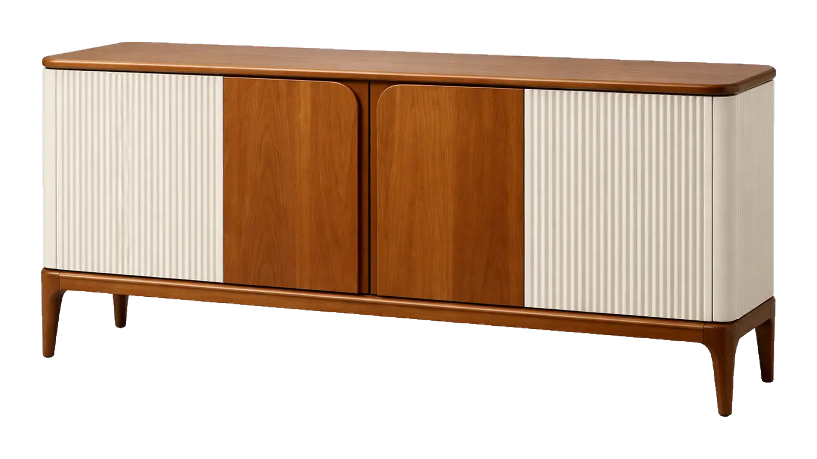 Walnut sideboard with cream fluted end doors on slim legs
