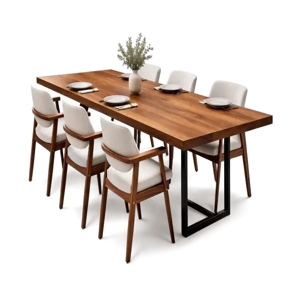 Long walnut wooden dining table on black metal legs with wooden armchairs and white seats