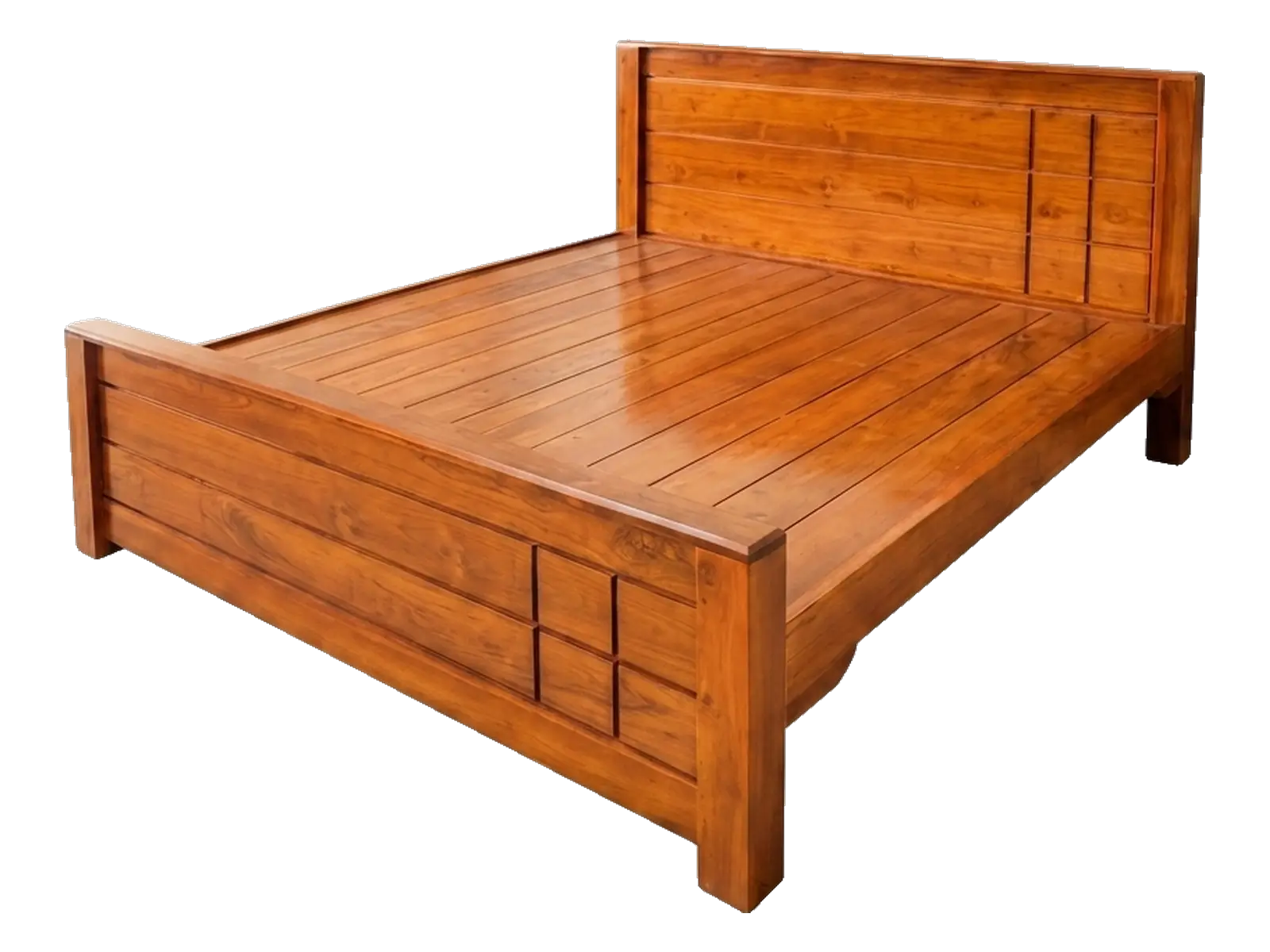 Solid wood bed cot with a panelled headboard in a glossy honey finish