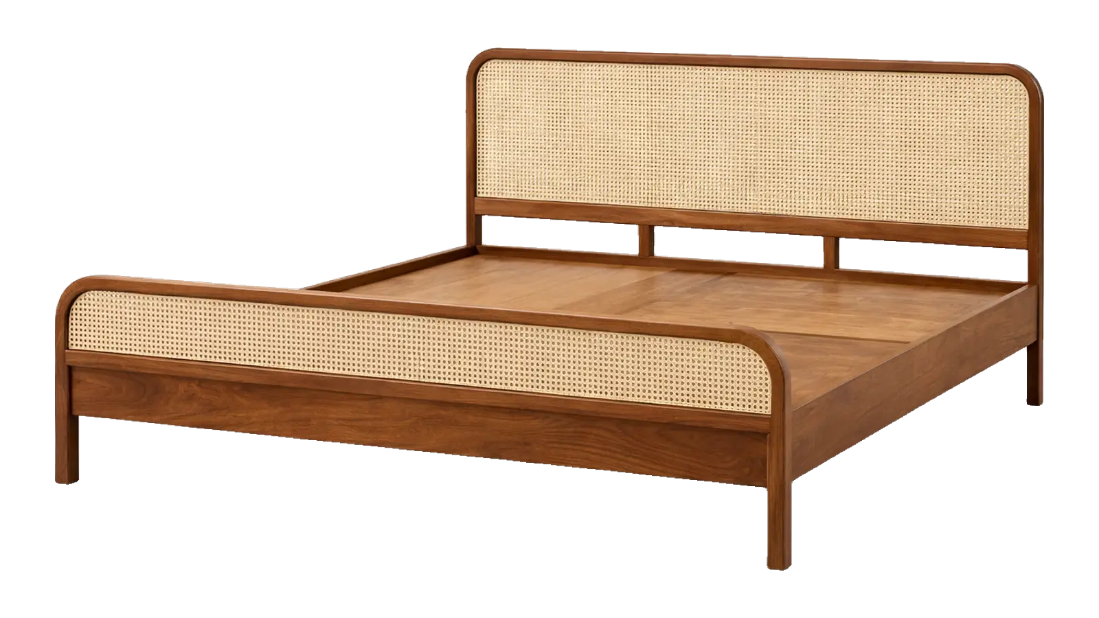 Wooden bed frame with woven cane headboard and footboard panels