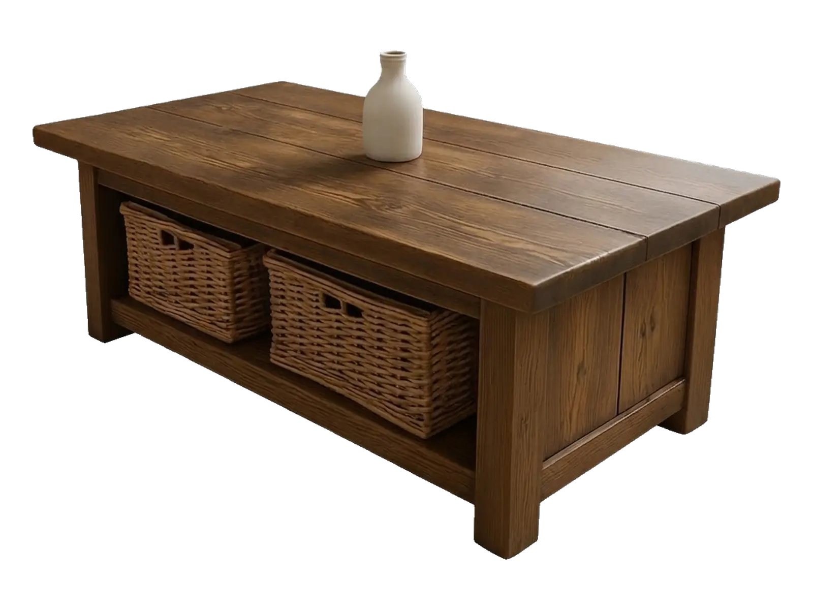 Wooden box coffee table with two woven storage baskets