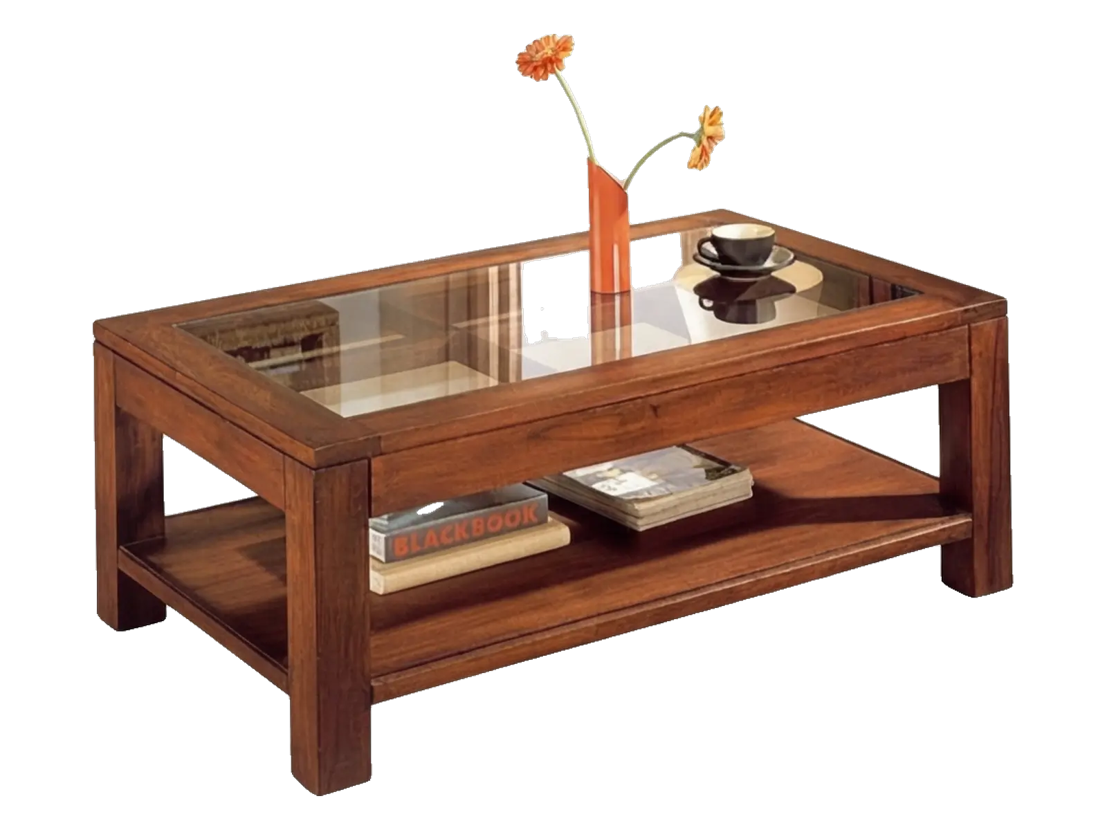 Wooden coffee table with a glass top and a lower display shelf