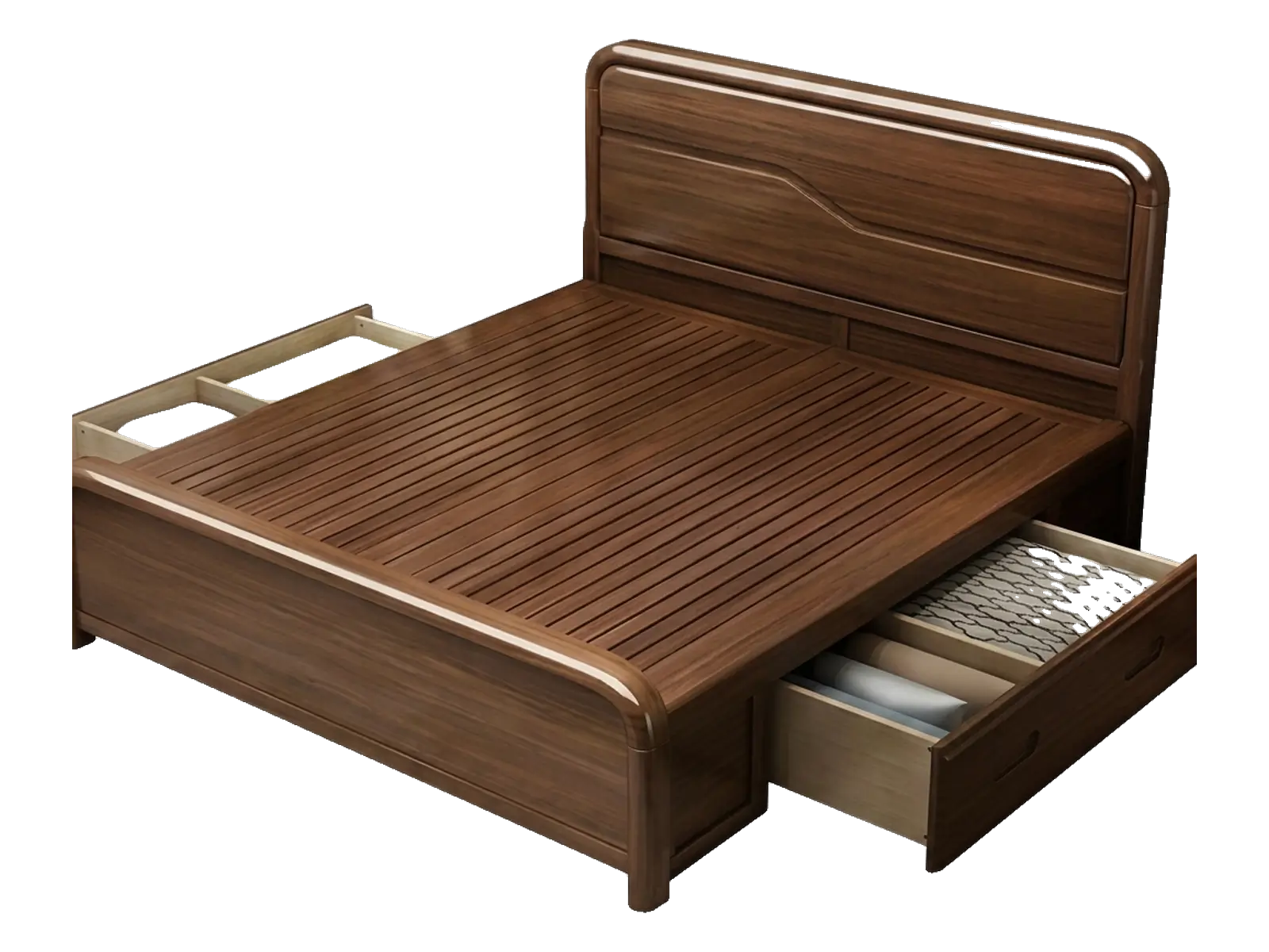 Walnut wooden cot with pull-out storage drawers