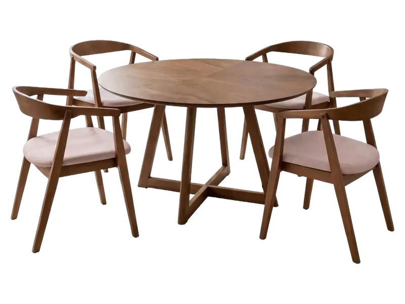 Round 4 seater wooden dining table with curved wooden armchairs