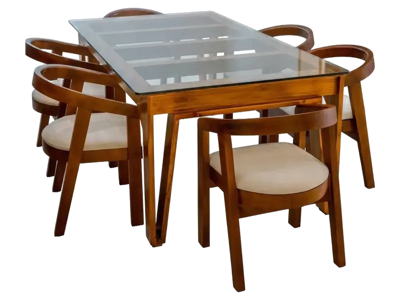 Wooden dining table with a glass top and curved wooden chairs