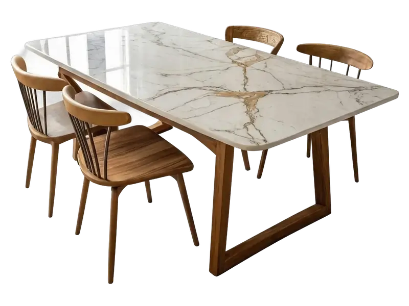 Wooden dining table with a white marble top and spindle-back wooden chairs