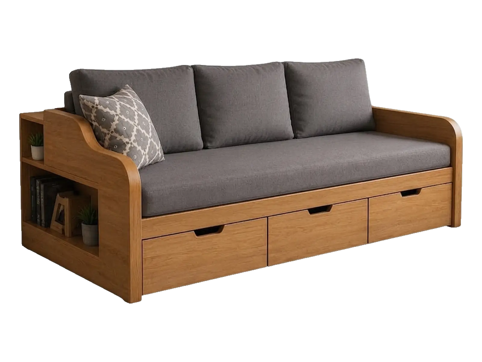Wooden sofa cum bed with storage drawers and side shelves