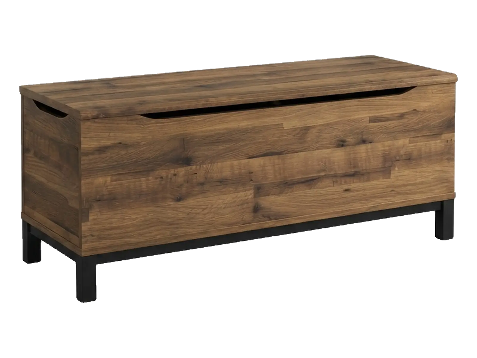 Wooden storage box with a lift-up lid on black metal legs
