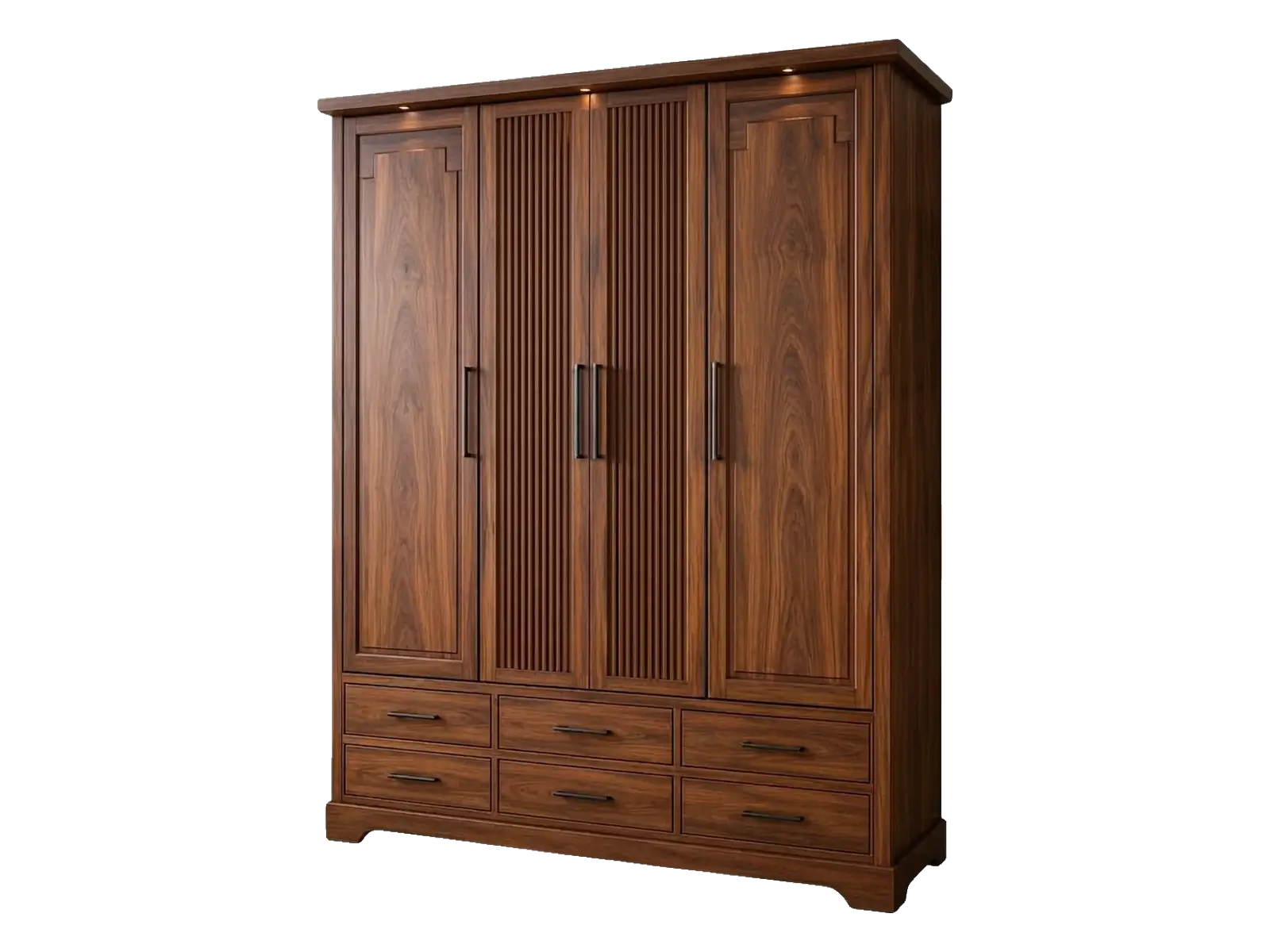 Tall walnut wooden cupboard with fluted doors and drawers